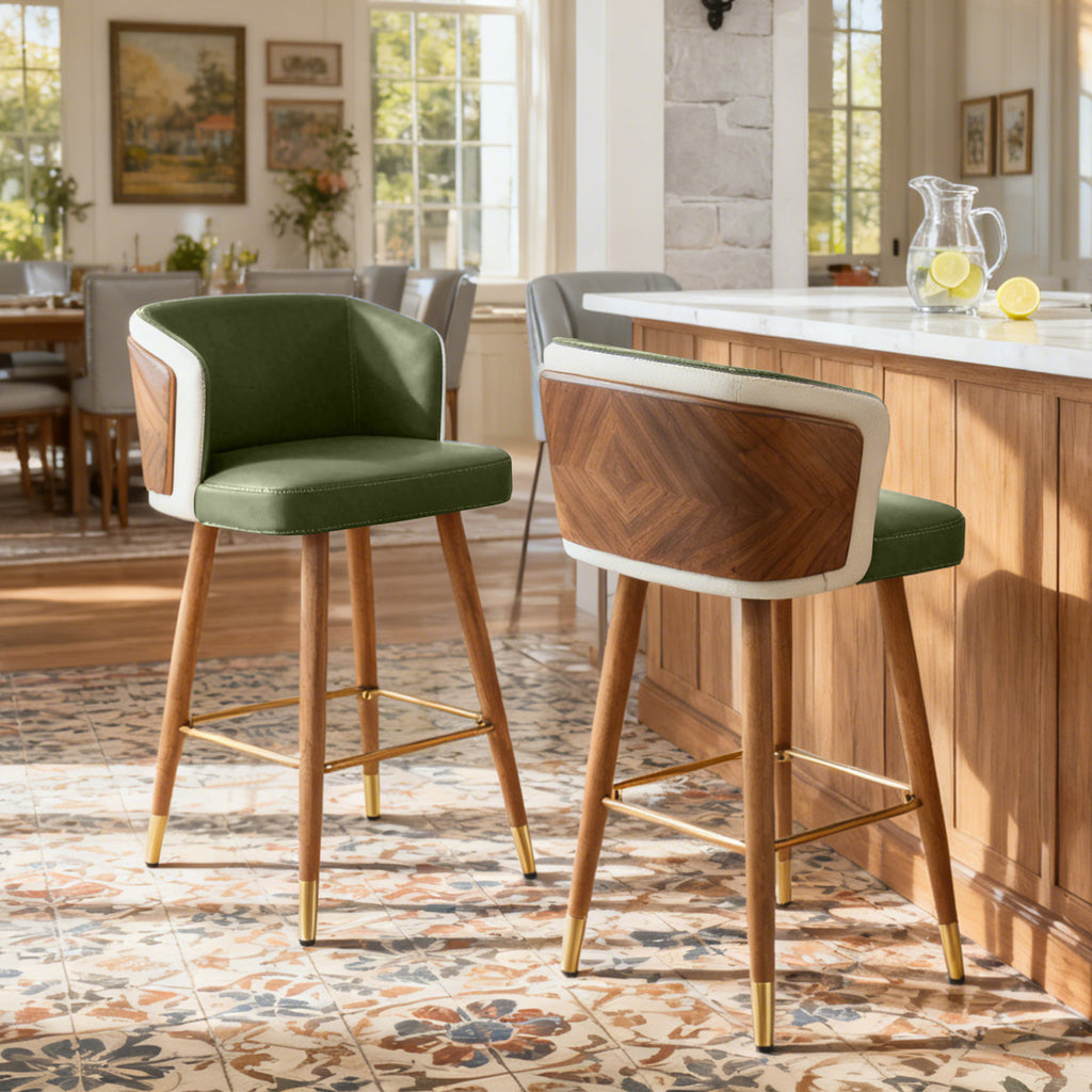 Mid Century Modern Bar Stools for Counter Height - Leather Upholstered Seat with Walnut Wood Frame, Retro 33 Inch Bar Chairs for Home Kitchen Island, Bar, Breakfast Nook