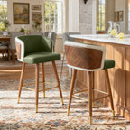 Mid Century Modern Bar Stools for Counter Height - Leather Upholstered Seat with Walnut Wood Frame, Retro 33 Inch Bar Chairs for Home Kitchen Island, Bar, Breakfast Nook