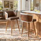 Mid Century Modern Bar Stools for Counter Height - Leather Upholstered Seat with Walnut Wood Frame, Retro 33 Inch Bar Chairs for Home Kitchen Island, Bar, Breakfast Nook