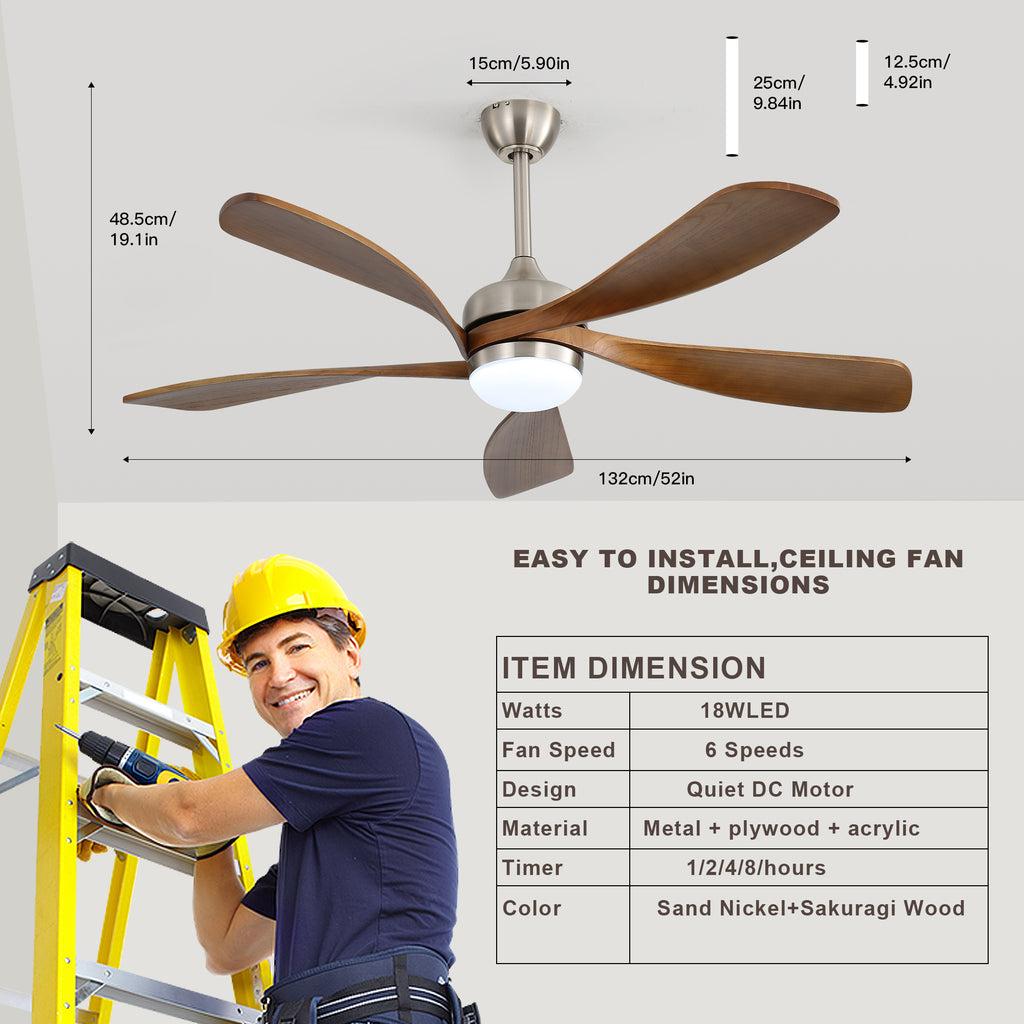 52 Inch Ceiling Fan with Light and Remote Control, 6-Speed Reversible Quiet DC Motor, 3 Color Temperatures LED Light, 3 Timer Settings, Adjustable Height for Large Room, Bedroom, Living Room (Walnut/Black/Orginal/White/Sakuragi)