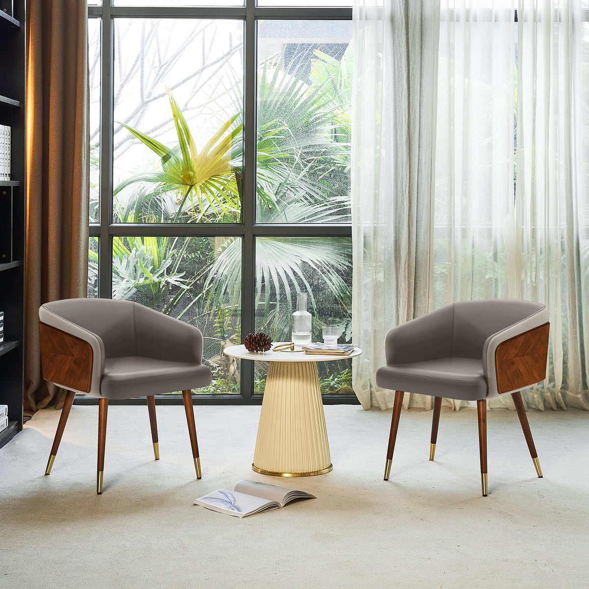 ARTPLAN Modern Dining Chair Faux Leather, Walnut Top Metal Legs Kitchen Seat，set of 1/set of 2