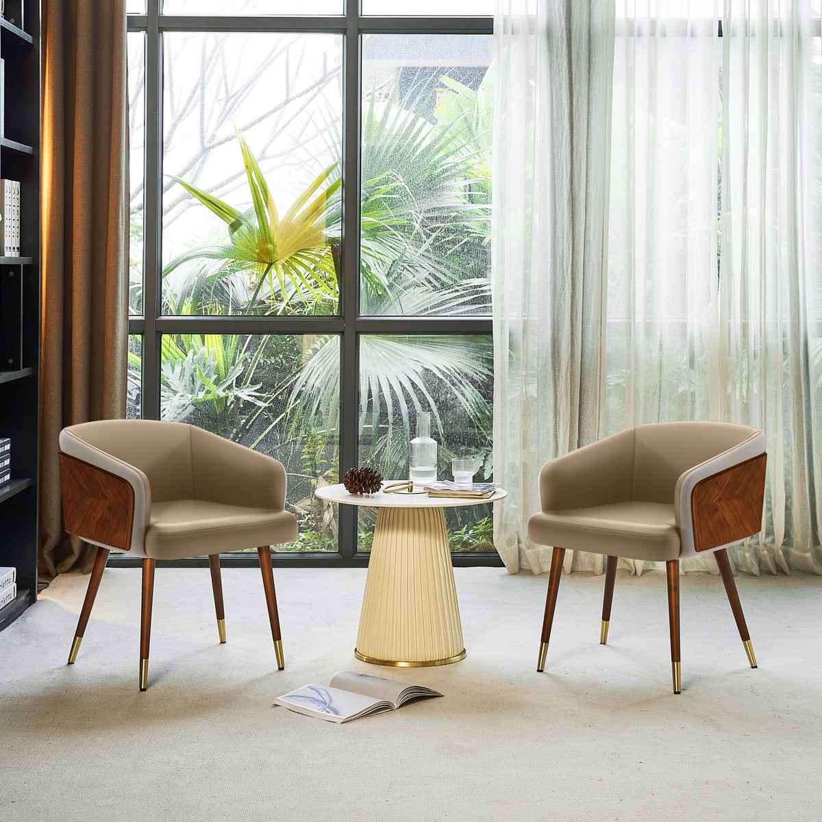 ARTPLAN Modern Dining Chair Faux Leather, Walnut Top Metal Legs Kitchen Seat，set of 1/set of 2