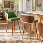 Mid Century Modern Bar Stools for Counter Height - Leather Upholstered Seat with Walnut Wood Frame, Retro 33 Inch Bar Chairs for Home Kitchen Island, Bar, Breakfast Nook