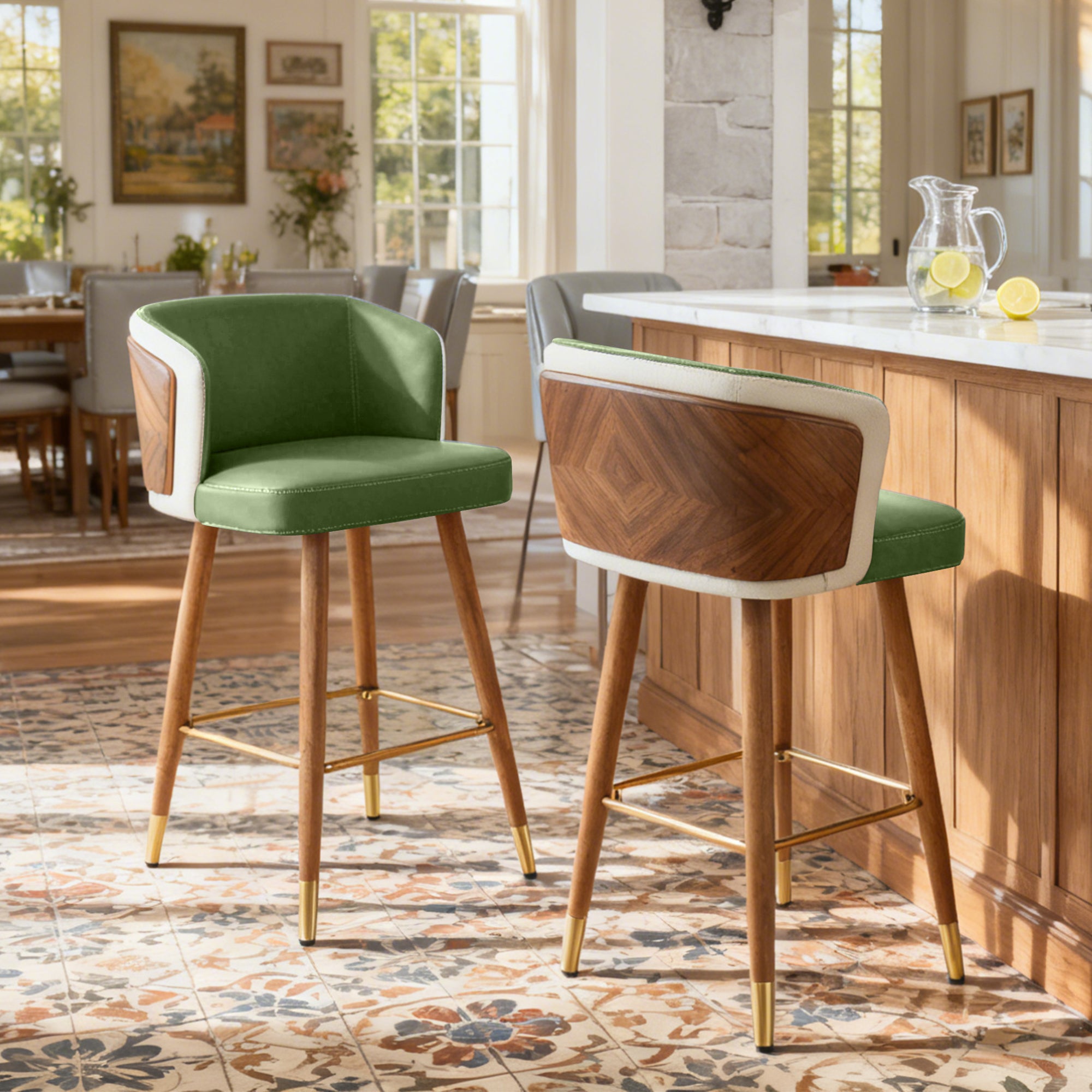 Mid Century Modern Bar Stools for Counter Height - Leather Upholstered Seat with Walnut Wood Frame, Retro 33 Inch Bar Chairs for Home Kitchen Island, Bar, Breakfast Nook