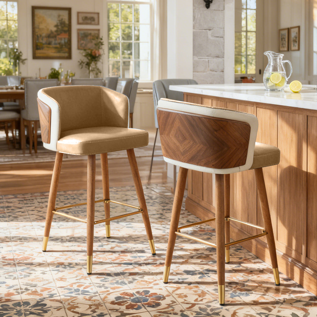 Mid Century Modern Bar Stools for Counter Height - Leather Upholstered Seat with Walnut Wood Frame, Retro 33 Inch Bar Chairs for Home Kitchen Island, Bar, Breakfast Nook