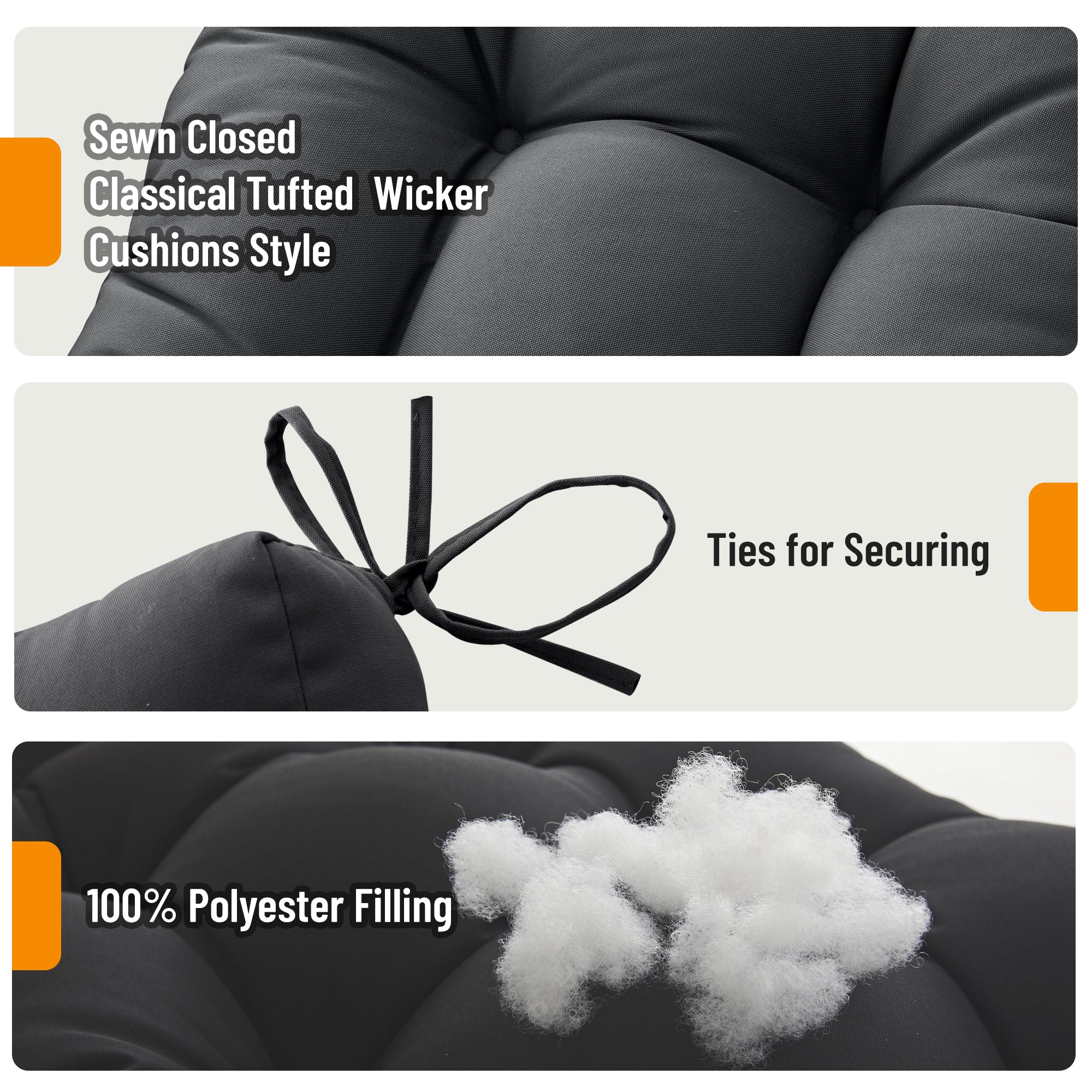 3 Pieces Outdoor Chair Cushions Clearance with Ties,44x19x5 Inches,1 Love seat &2 U-Shape Tufted Patio Bench Cushions for Wicker Outdoor Furniture,All Weather,
