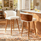 Mid Century Modern Bar Stools for Counter Height - Leather Upholstered Seat with Walnut Wood Frame, Retro 33 Inch Bar Chairs for Home Kitchen Island, Bar, Breakfast Nook