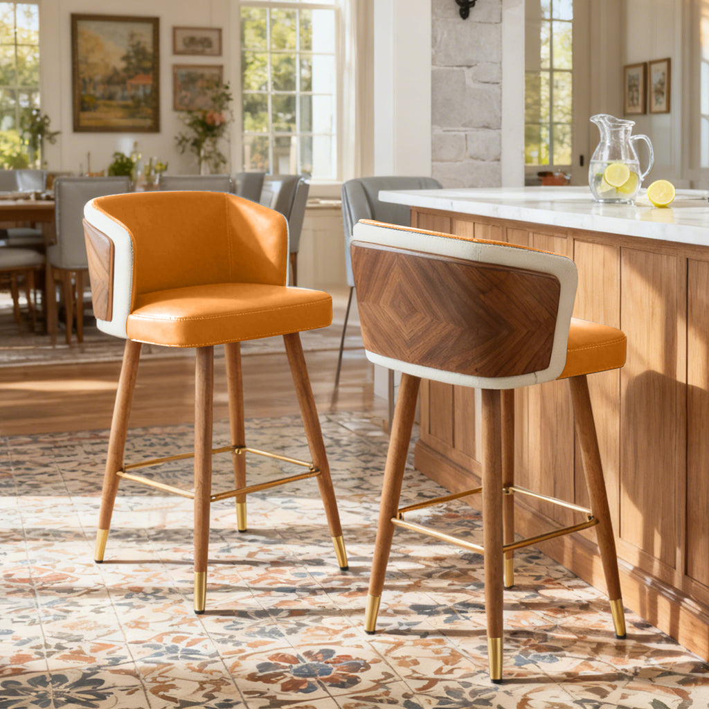 Mid Century Modern Bar Stools for Counter Height - Leather Upholstered Seat with Walnut Wood Frame, Retro 33 Inch Bar Chairs for Home Kitchen Island, Bar, Breakfast Nook
