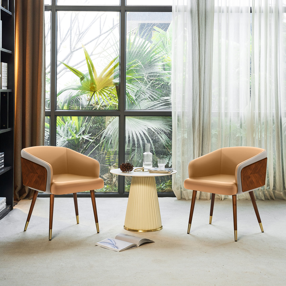 ARTPLAN Modern Dining Chair Faux Leather, Walnut Top Metal Legs Kitchen Seat，set of 1/set of 2