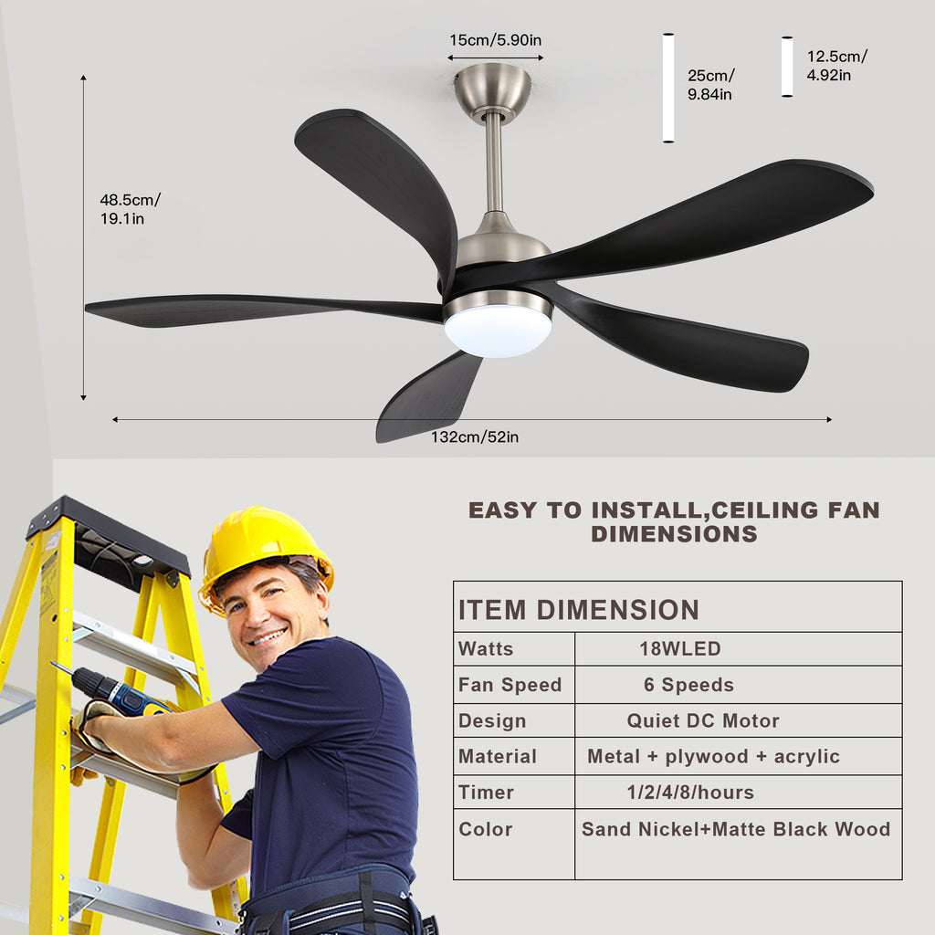 52 Inch Ceiling Fan with Light and Remote Control, 6-Speed Reversible Quiet DC Motor, 3 Color Temperatures LED Light, 3 Timer Settings, Adjustable Height for Large Room, Bedroom, Living Room (Walnut/Black/Orginal/White/Sakuragi)