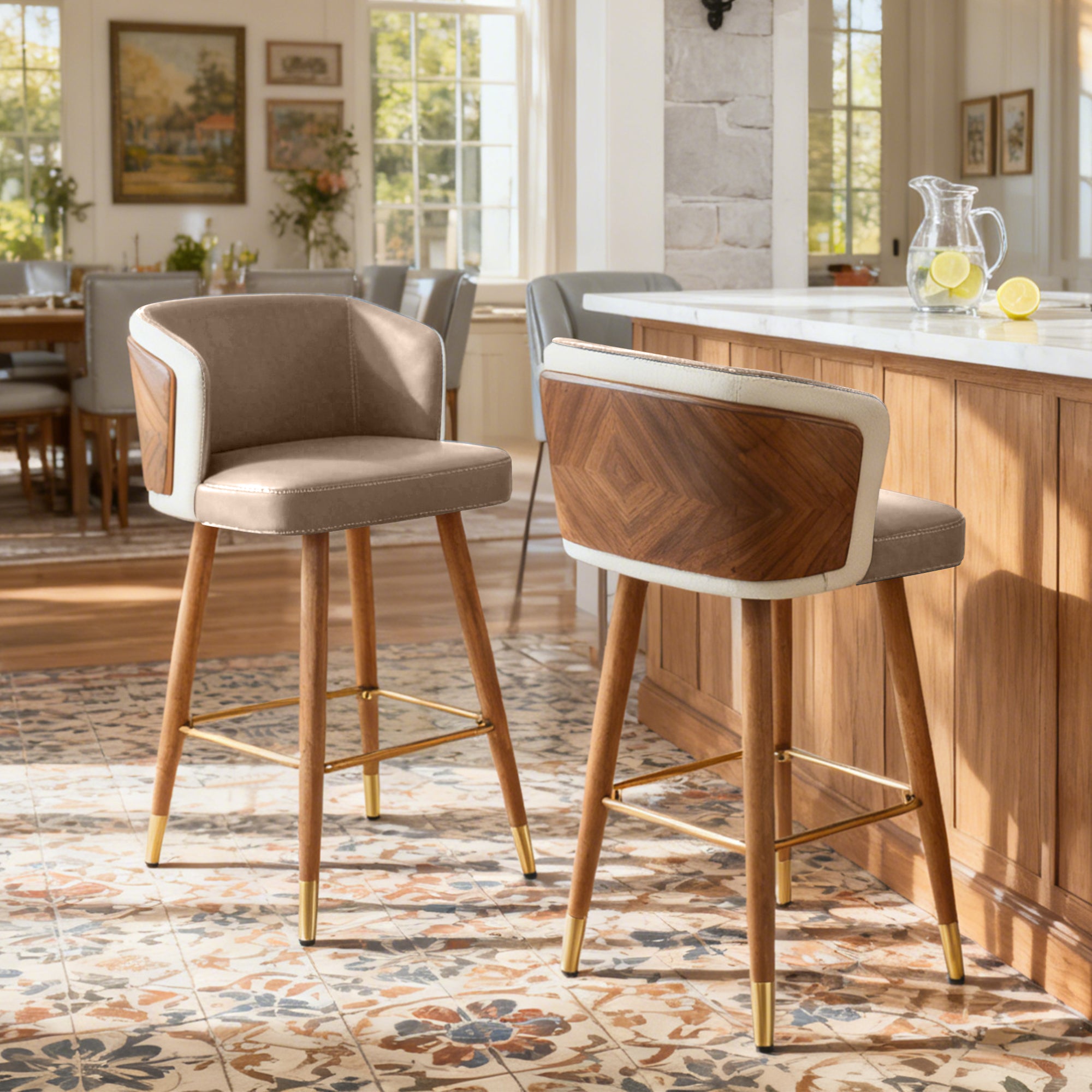 Mid Century Modern Bar Stools for Counter Height - Leather Upholstered Seat with Walnut Wood Frame, Retro 33 Inch Bar Chairs for Home Kitchen Island, Bar, Breakfast Nook