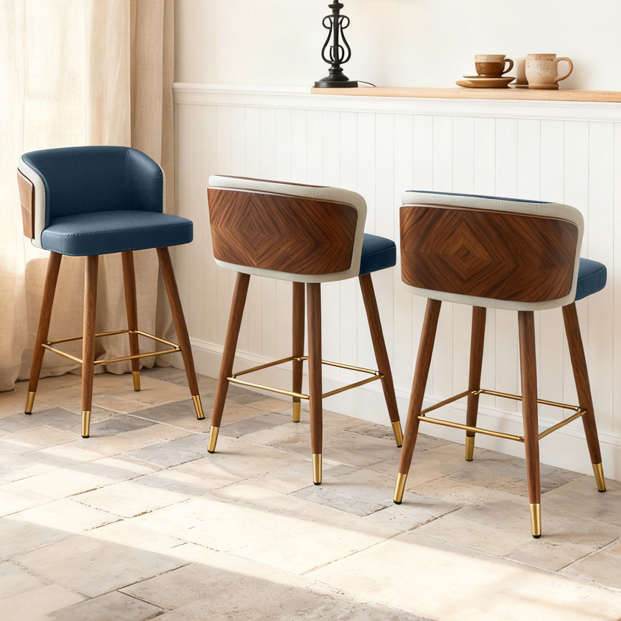 Mid Century Modern Bar Stools for Counter Height - Leather Upholstered Seat with Walnut Wood Frame, Retro 33 Inch Bar Chairs for Home Kitchen Island, Bar, Breakfast Nook