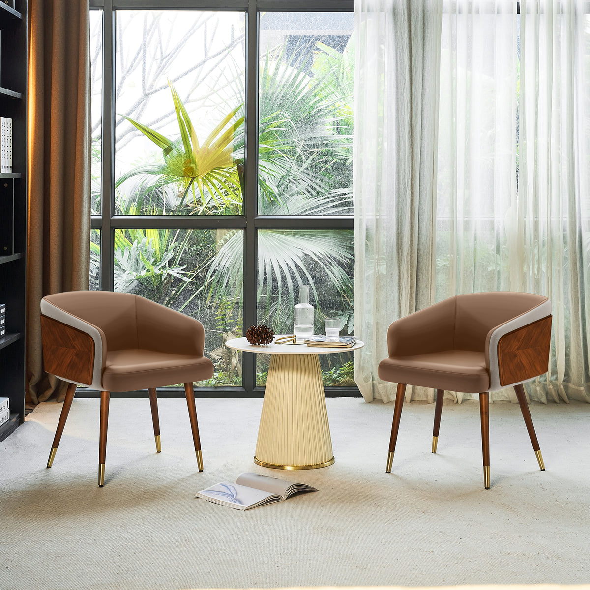 ARTPLAN Modern Dining Chair Faux Leather, Walnut Top Metal Legs Kitchen Seat，set of 1/set of 2