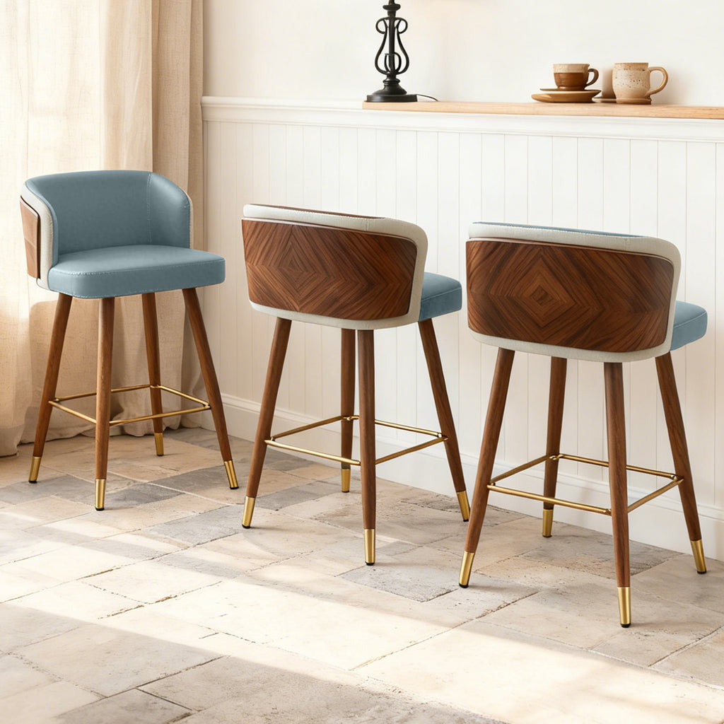 Mid Century Modern Bar Stools for Counter Height - Leather Upholstered Seat with Walnut Wood Frame, Retro 33 Inch Bar Chairs for Home Kitchen Island, Bar, Breakfast Nook