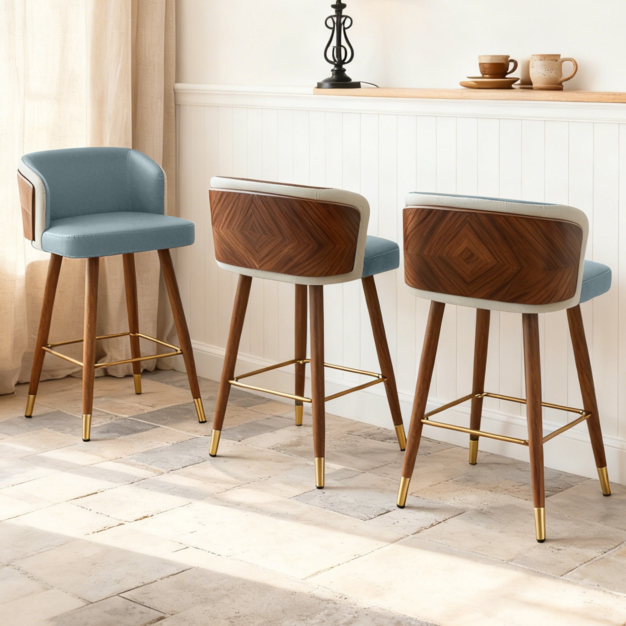 Mid Century Modern Bar Stools for Counter Height - Leather Upholstered Seat with Walnut Wood Frame, Retro 33 Inch Bar Chairs for Home Kitchen Island, Bar, Breakfast Nook