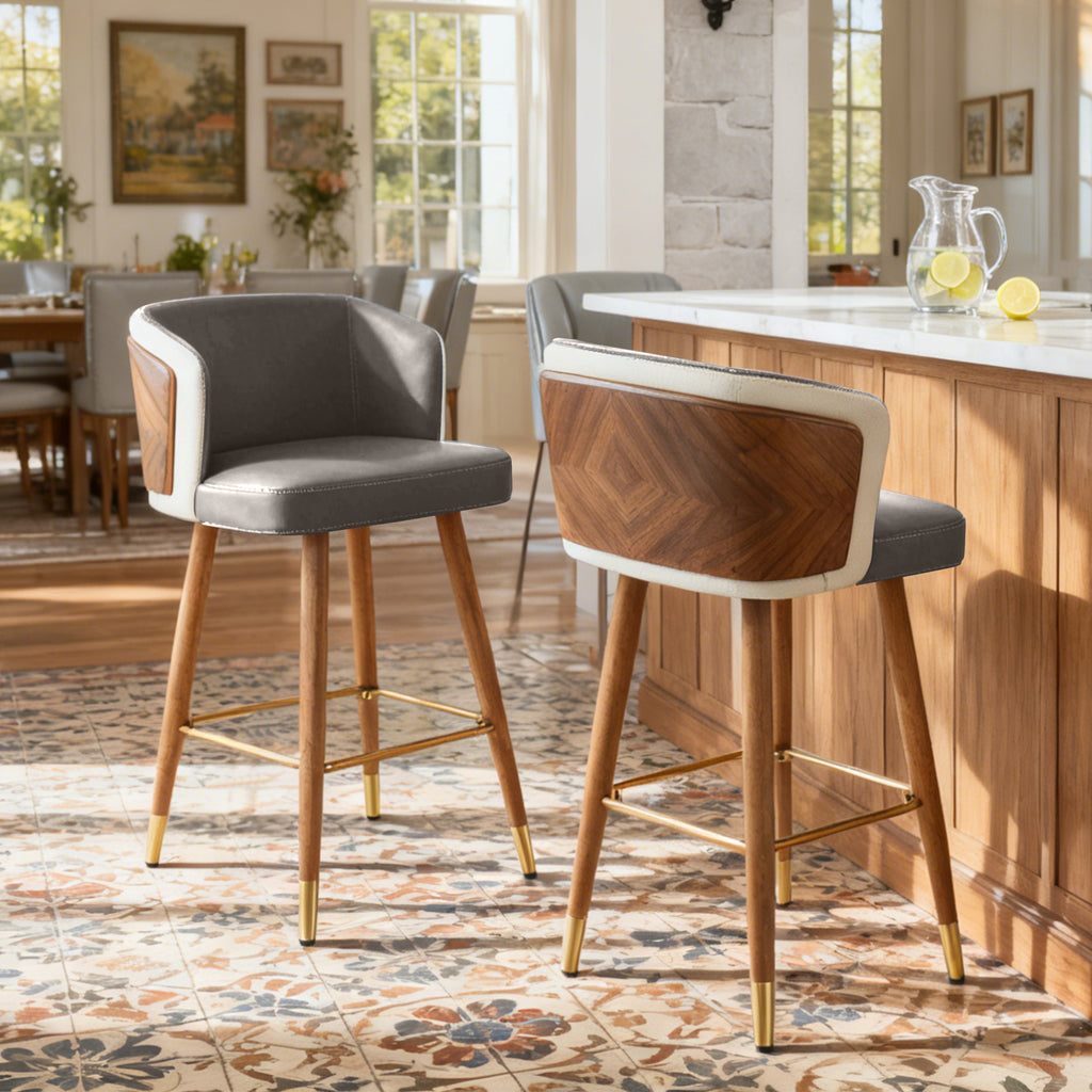 Mid Century Modern Bar Stools for Counter Height - Leather Upholstered Seat with Walnut Wood Frame, Retro 33 Inch Bar Chairs for Home Kitchen Island, Bar, Breakfast Nook