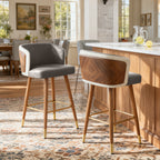 Mid Century Modern Bar Stools for Counter Height - Leather Upholstered Seat with Walnut Wood Frame, Retro 33 Inch Bar Chairs for Home Kitchen Island, Bar, Breakfast Nook