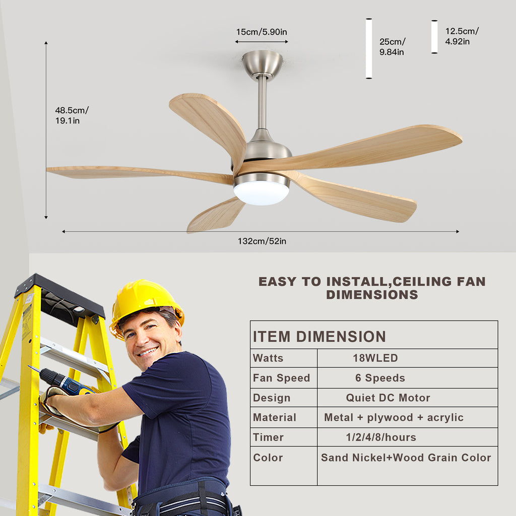 52 Inch Ceiling Fan with Light and Remote Control, 6-Speed Reversible Quiet DC Motor, 3 Color Temperatures LED Light, 3 Timer Settings, Adjustable Height for Large Room, Bedroom, Living Room (Walnut/Black/Orginal/White/Sakuragi)