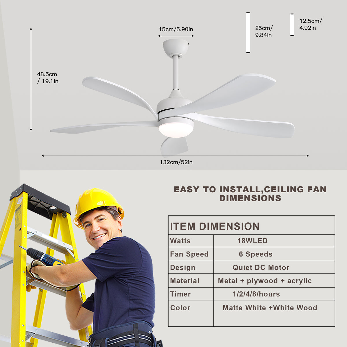 52 Inch Ceiling Fan with Light and Remote Control, 6-Speed Reversible Quiet DC Motor, 3 Color Temperatures LED Light, 3 Timer Settings, Adjustable Height for Large Room, Bedroom, Living Room (Walnut/Black/Orginal/White/Sakuragi)