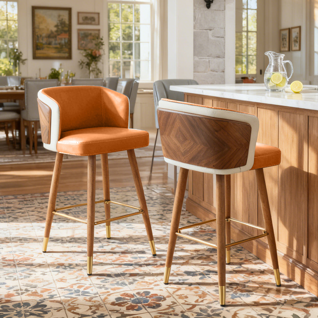 Mid Century Modern Bar Stools for Counter Height - Leather Upholstered Seat with Walnut Wood Frame, Retro 33 Inch Bar Chairs for Home Kitchen Island, Bar, Breakfast Nook