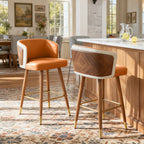 Mid Century Modern Bar Stools for Counter Height - Leather Upholstered Seat with Walnut Wood Frame, Retro 33 Inch Bar Chairs for Home Kitchen Island, Bar, Breakfast Nook