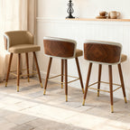 Mid Century Modern Bar Stools for Counter Height - Leather Upholstered Seat with Walnut Wood Frame, Retro 33 Inch Bar Chairs for Home Kitchen Island, Bar, Breakfast Nook