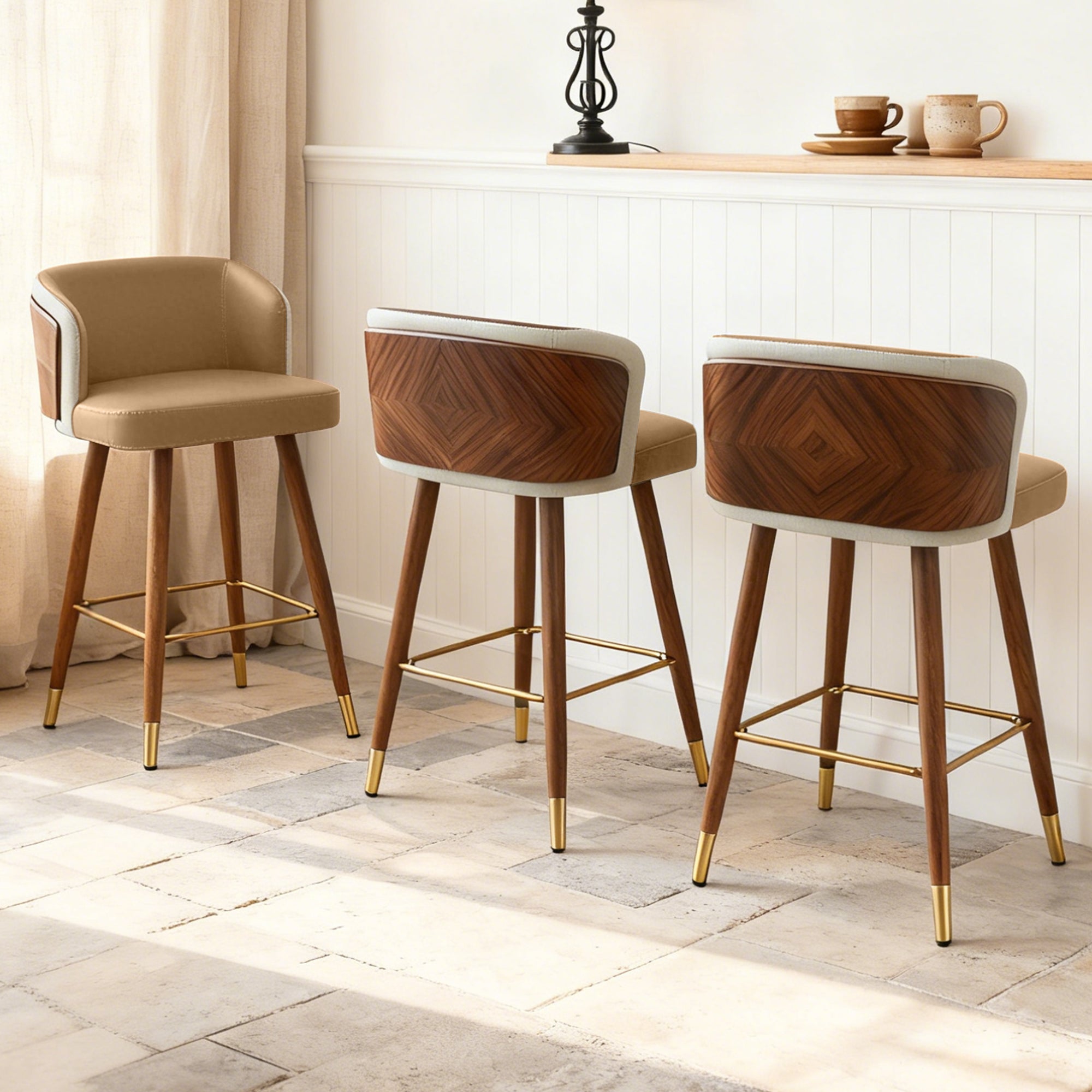 Mid Century Modern Bar Stools for Counter Height - Leather Upholstered Seat with Walnut Wood Frame, Retro 33 Inch Bar Chairs for Home Kitchen Island, Bar, Breakfast Nook