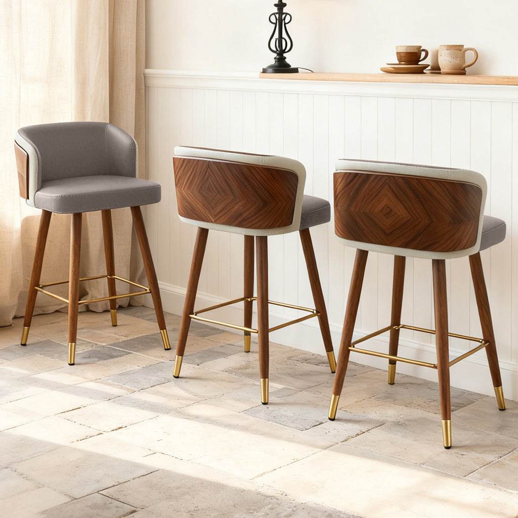 Mid Century Modern Bar Stools for Counter Height - Leather Upholstered Seat with Walnut Wood Frame, Retro 33 Inch Bar Chairs for Home Kitchen Island, Bar, Breakfast Nook