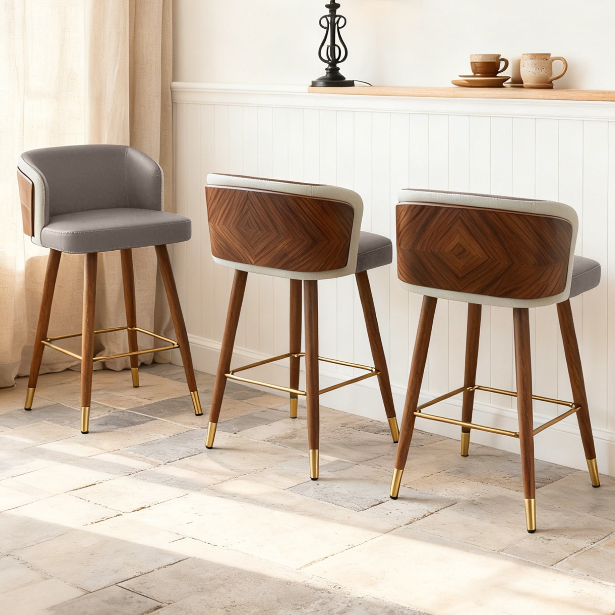 Mid Century Modern Bar Stools for Counter Height - Leather Upholstered Seat with Walnut Wood Frame, Retro 33 Inch Bar Chairs for Home Kitchen Island, Bar, Breakfast Nook