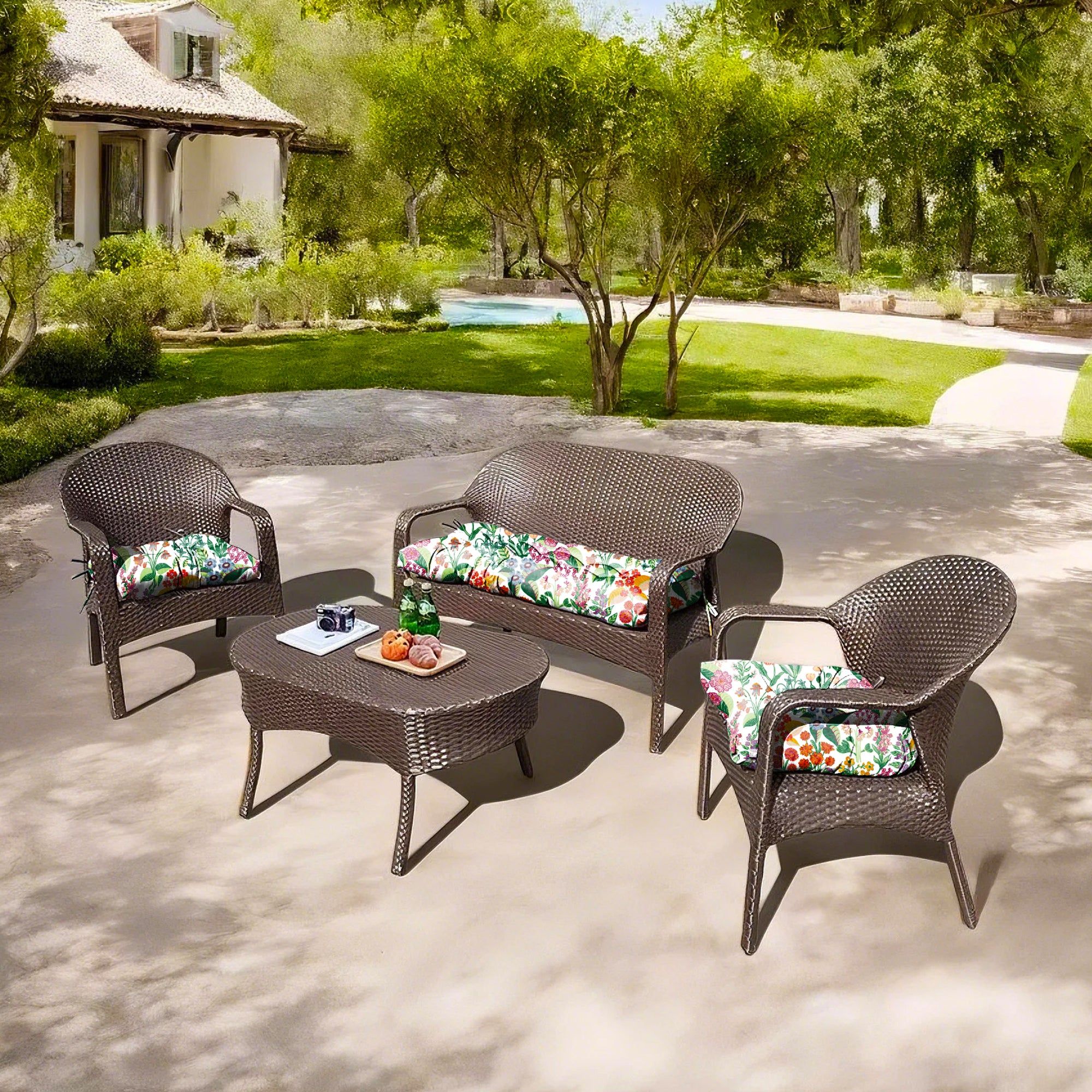 3 Pieces Outdoor Chair Cushions Set–Waterproof Tufted Cushions with Ties for Patio coversation, Loveseat & Bench, 44"x19"x5" UV-Resistant & Fade-Proof with Premium Polyester Filled