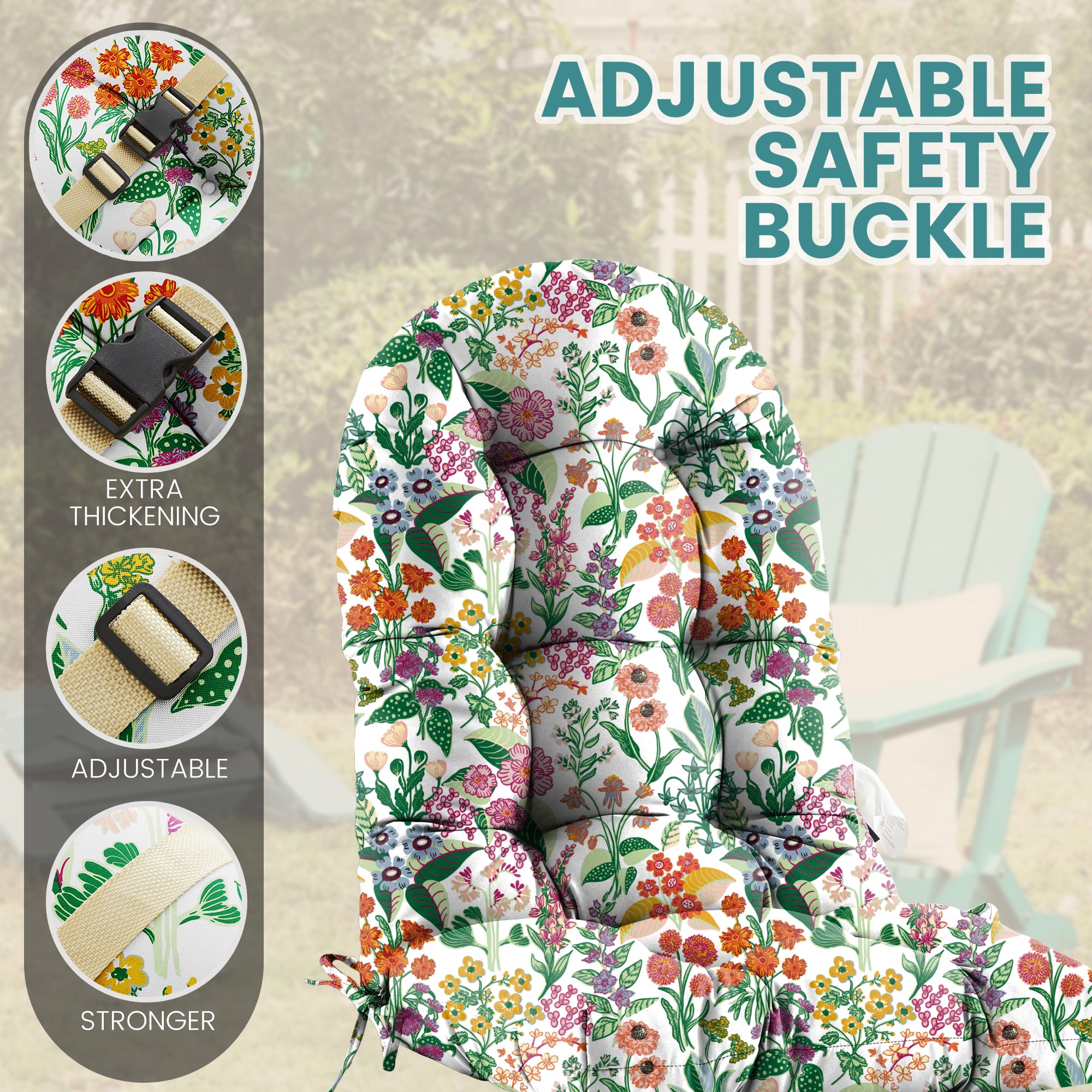 Floral High-Back Seat Cushion - Waterproof Outdoor Adirondack Chair Cushion for Patio Furniture with Tie, Vibrant Patterns, Premium Elastic Padding, Multi-Scenario Use