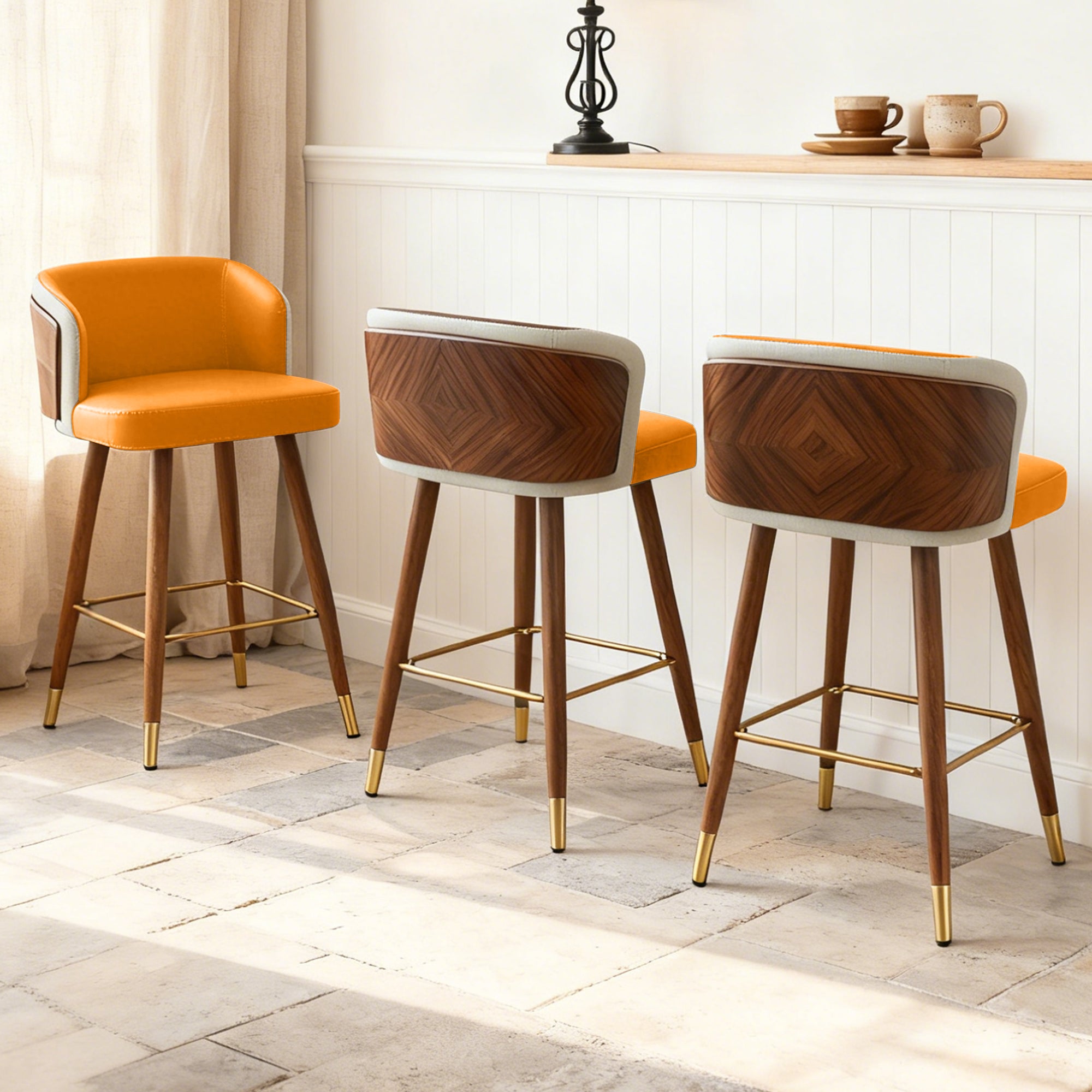 Mid Century Modern Bar Stools for Counter Height - Leather Upholstered Seat with Walnut Wood Frame, Retro 33 Inch Bar Chairs for Home Kitchen Island, Bar, Breakfast Nook
