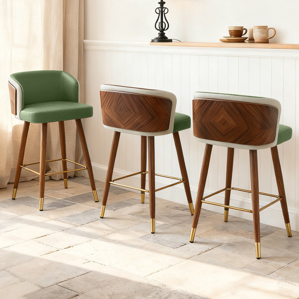 Mid Century Modern Bar Stools for Counter Height - Leather Upholstered Seat with Walnut Wood Frame, Retro 33 Inch Bar Chairs for Home Kitchen Island, Bar, Breakfast Nook