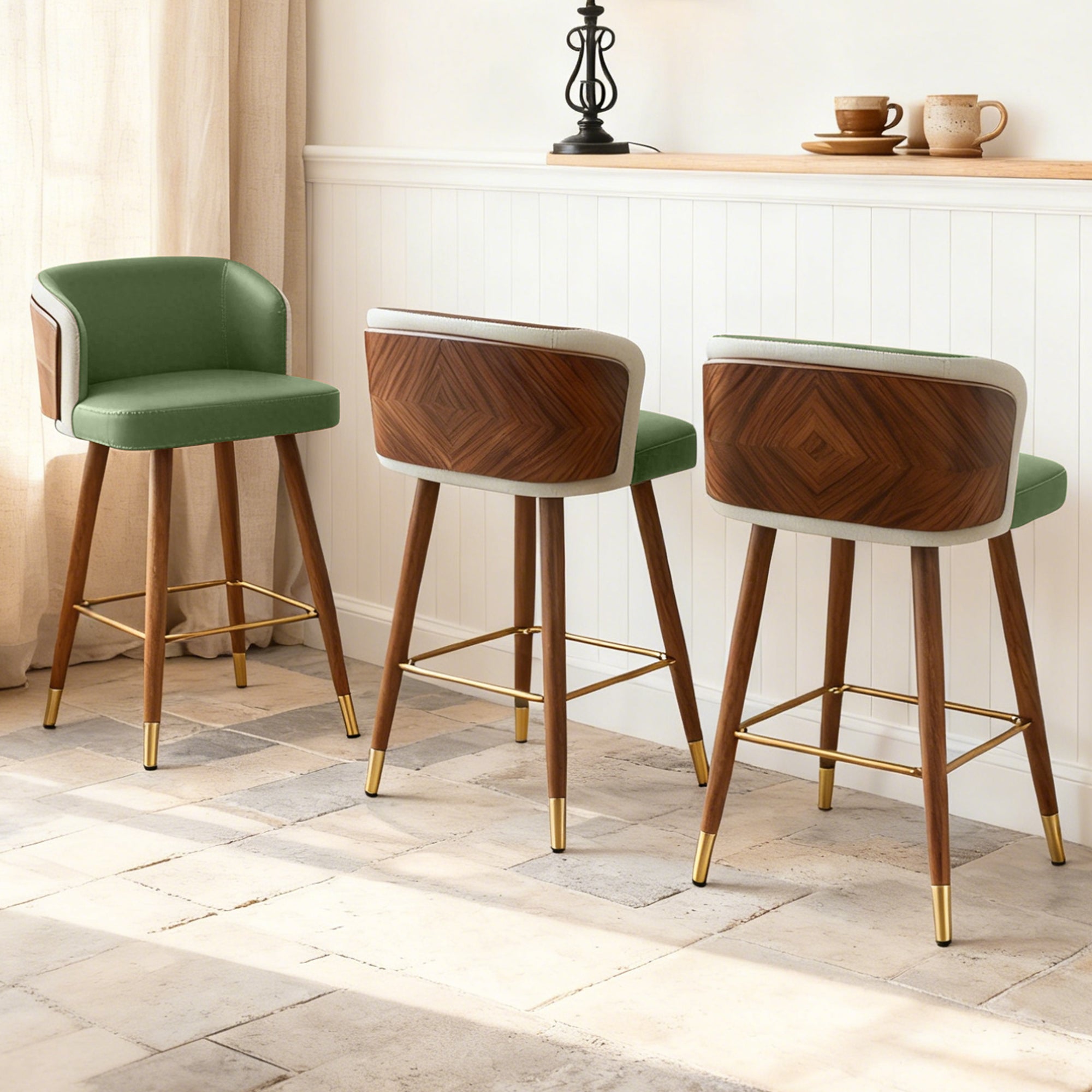 Mid Century Modern Bar Stools for Counter Height - Leather Upholstered Seat with Walnut Wood Frame, Retro 33 Inch Bar Chairs for Home Kitchen Island, Bar, Breakfast Nook