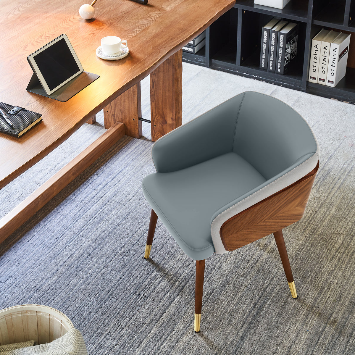 ARTPLAN Modern Dining Chair Faux Leather, Walnut Top Metal Legs Kitchen Seat，set of 1/set of 2