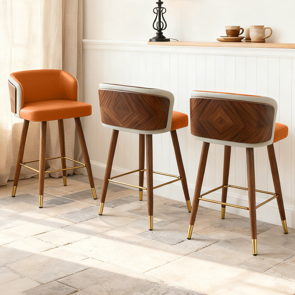 Mid Century Modern Bar Stools for Counter Height - Leather Upholstered Seat with Walnut Wood Frame, Retro 33 Inch Bar Chairs for Home Kitchen Island, Bar, Breakfast Nook