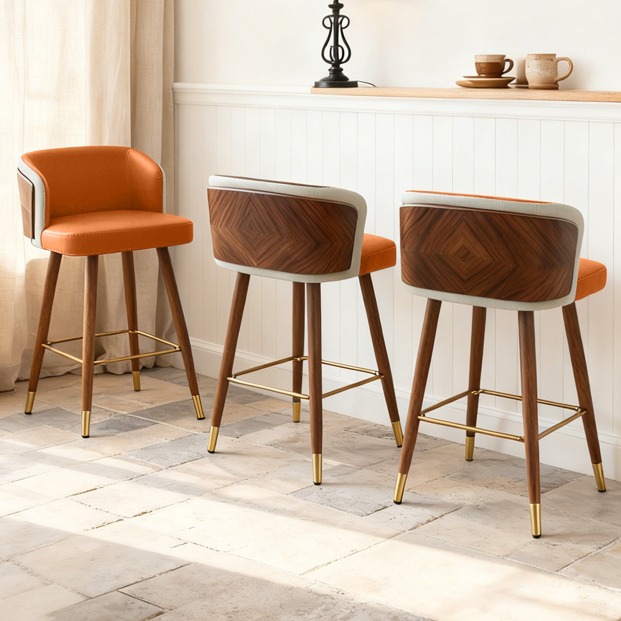 Mid Century Modern Bar Stools for Counter Height - Leather Upholstered Seat with Walnut Wood Frame, Retro 33 Inch Bar Chairs for Home Kitchen Island, Bar, Breakfast Nook
