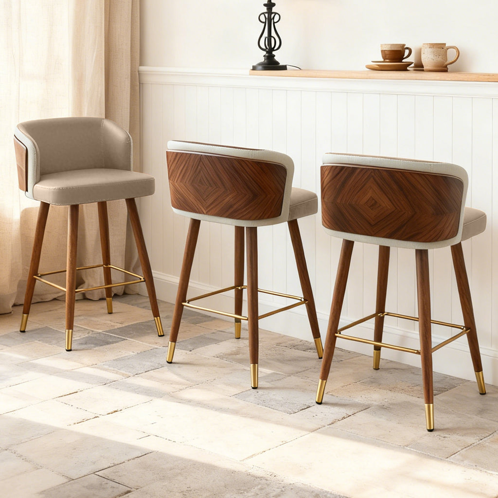 Mid Century Modern Bar Stools for Counter Height - Leather Upholstered Seat with Walnut Wood Frame, Retro 33 Inch Bar Chairs for Home Kitchen Island, Bar, Breakfast Nook