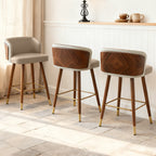 Mid Century Modern Bar Stools for Counter Height - Leather Upholstered Seat with Walnut Wood Frame, Retro 33 Inch Bar Chairs for Home Kitchen Island, Bar, Breakfast Nook