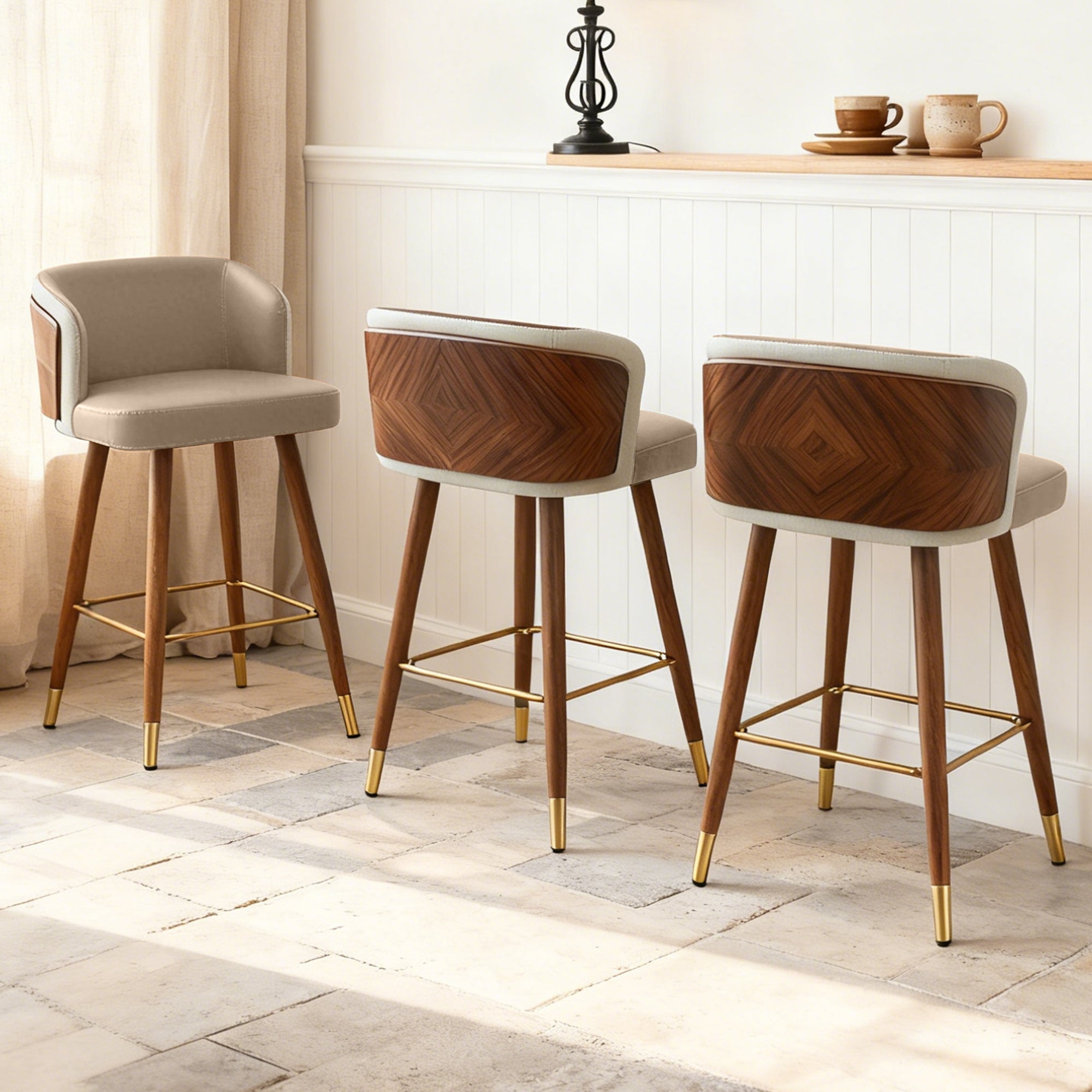 Mid Century Modern Bar Stools for Counter Height - Leather Upholstered Seat with Walnut Wood Frame, Retro 33 Inch Bar Chairs for Home Kitchen Island, Bar, Breakfast Nook