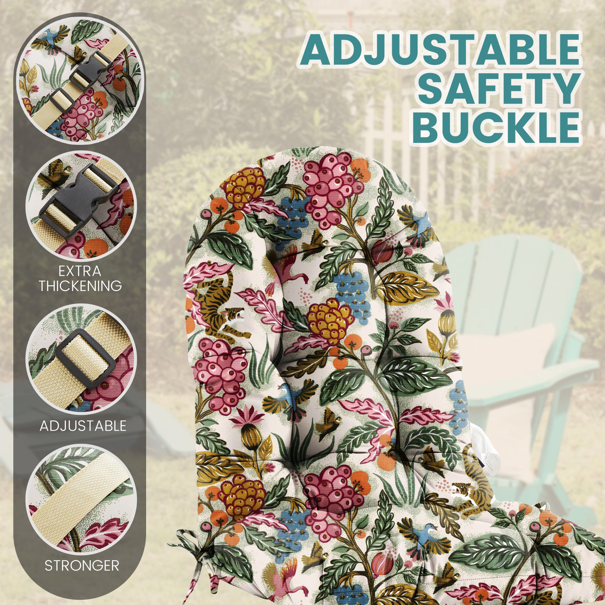 Floral High-Back Seat Cushion - Waterproof Outdoor Adirondack Chair Cushion for Patio Furniture with Tie, Vibrant Patterns, Premium Elastic Padding, Multi-Scenario Use