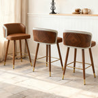 Mid Century Modern Bar Stools for Counter Height - Leather Upholstered Seat with Walnut Wood Frame, Retro 33 Inch Bar Chairs for Home Kitchen Island, Bar, Breakfast Nook