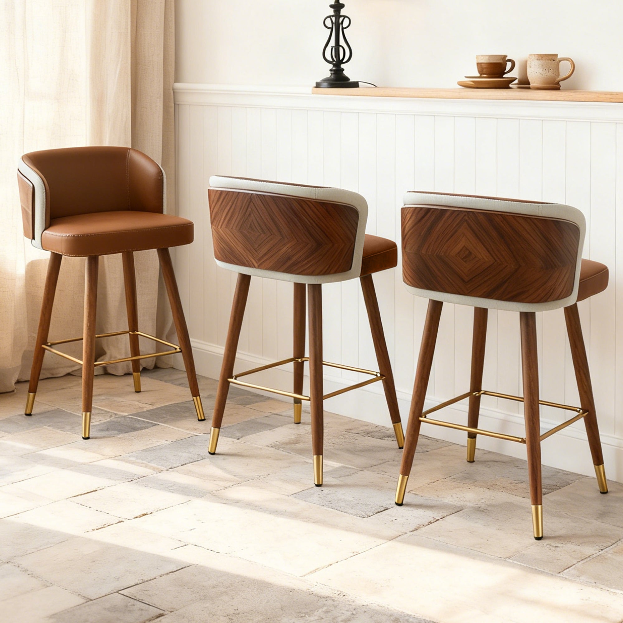 Mid Century Modern Bar Stools for Counter Height - Leather Upholstered Seat with Walnut Wood Frame, Retro 33 Inch Bar Chairs for Home Kitchen Island, Bar, Breakfast Nook