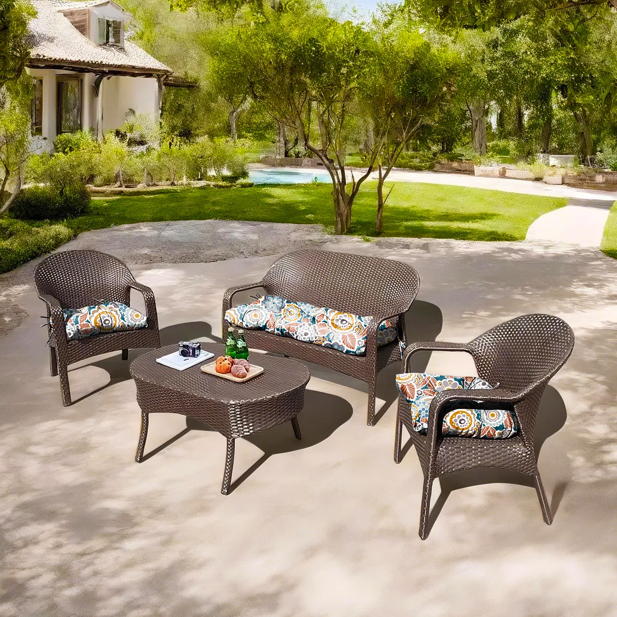 3 Pieces Outdoor Chair Cushions Set–Waterproof Tufted Cushions with Ties for Patio coversation, Loveseat & Bench, 44"x19"x5" UV-Resistant & Fade-Proof with Premium Polyester Filled