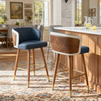 Mid Century Modern Bar Stools for Counter Height - Leather Upholstered Seat with Walnut Wood Frame, Retro 33 Inch Bar Chairs for Home Kitchen Island, Bar, Breakfast Nook