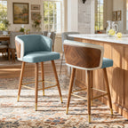 Mid Century Modern Bar Stools for Counter Height - Leather Upholstered Seat with Walnut Wood Frame, Retro 33 Inch Bar Chairs for Home Kitchen Island, Bar, Breakfast Nook