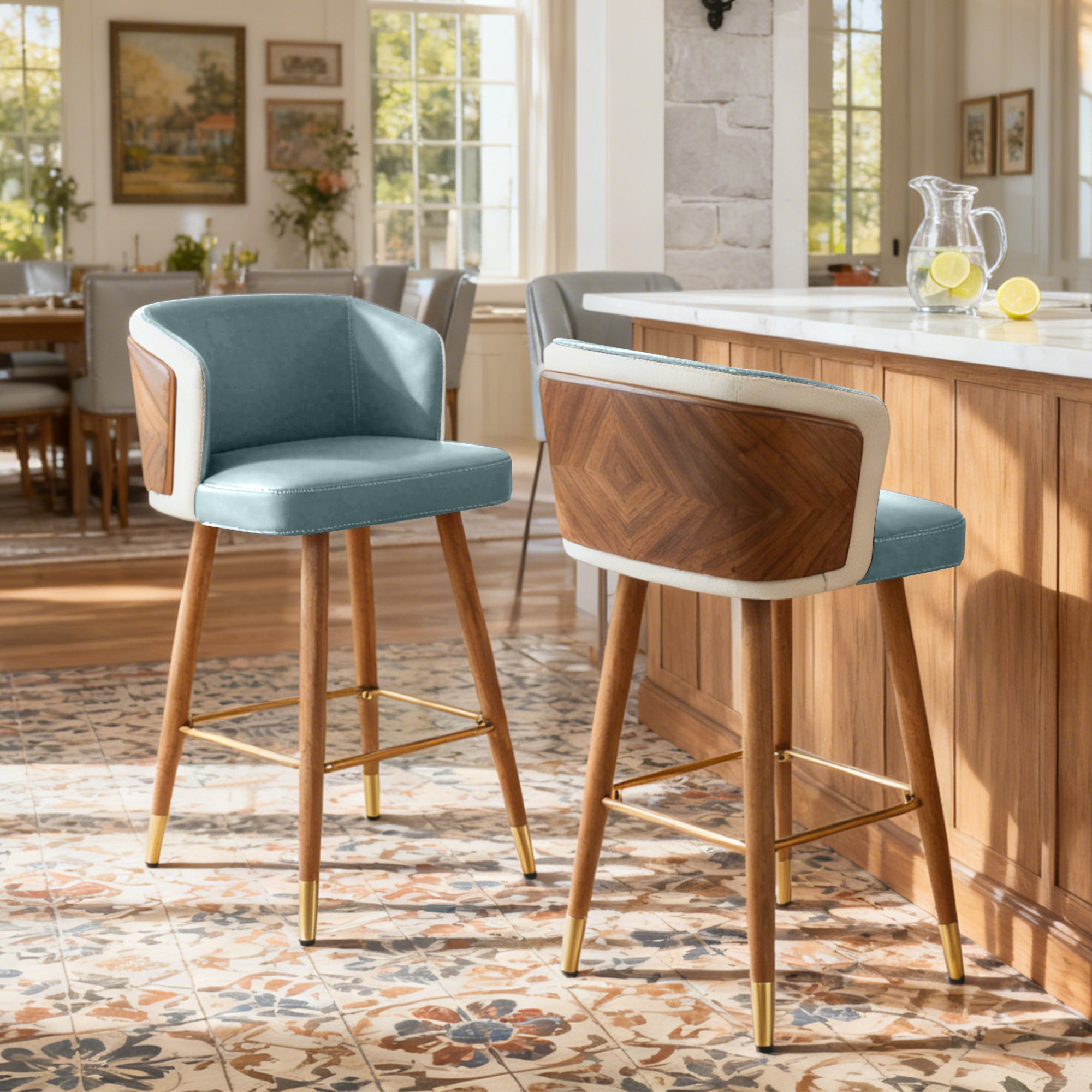 Mid Century Modern Bar Stools for Counter Height - Leather Upholstered Seat with Walnut Wood Frame, Retro 33 Inch Bar Chairs for Home Kitchen Island, Bar, Breakfast Nook
