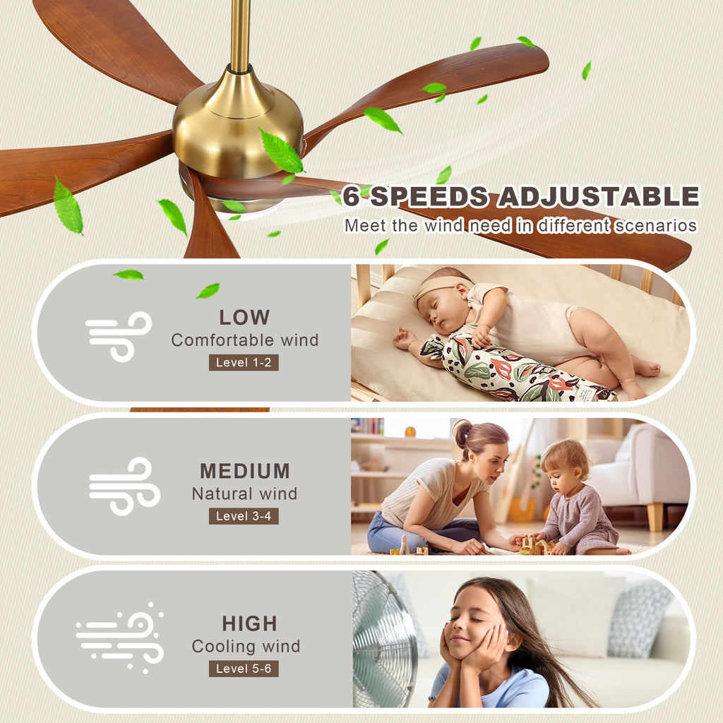 52 Inch Ceiling Fan with Light and Remote Control, 6-Speed Reversible Quiet DC Motor, 3 Color Temperatures LED Light, 3 Timer Settings, Adjustable Height for Large Room, Bedroom, Living Room (Walnut/Black/Orginal/White/Sakuragi)