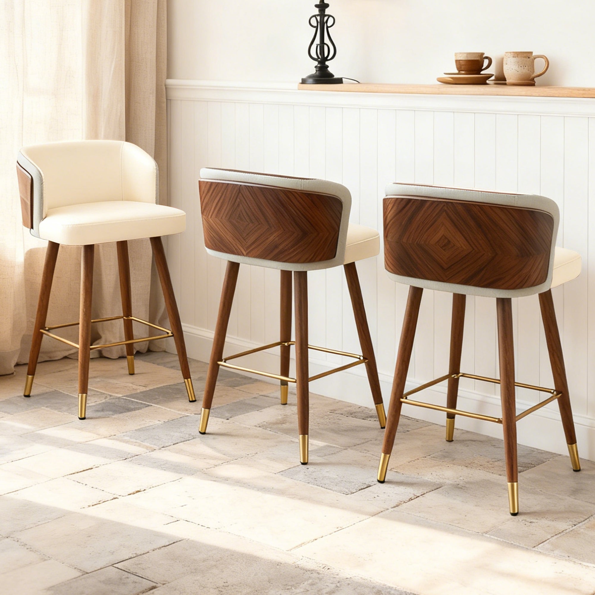 Mid Century Modern Bar Stools for Counter Height - Leather Upholstered Seat with Walnut Wood Frame, Retro 33 Inch Bar Chairs for Home Kitchen Island, Bar, Breakfast Nook