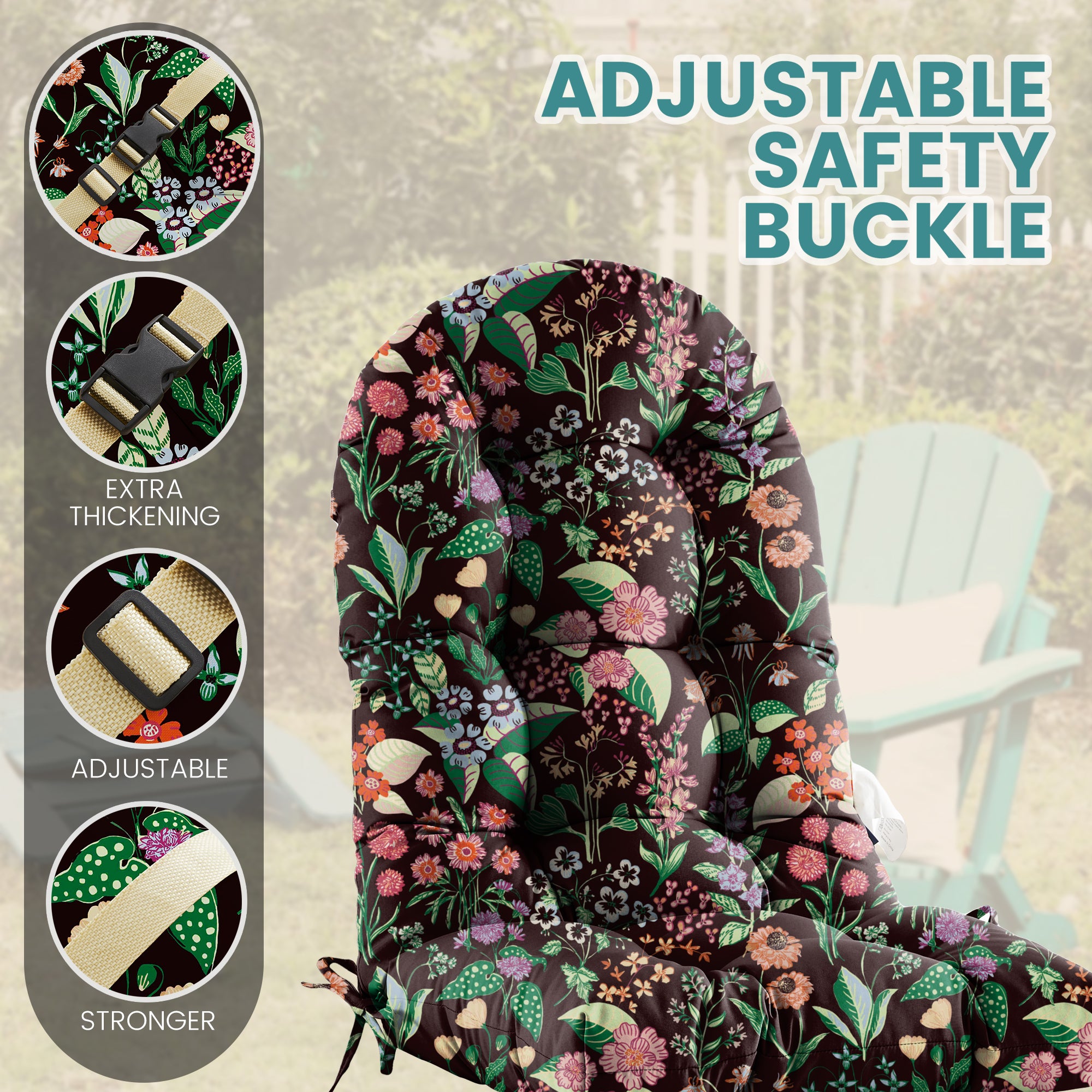 Floral High-Back Seat Cushion - Waterproof Outdoor Adirondack Chair Cushion for Patio Furniture with Tie, Vibrant Patterns, Premium Elastic Padding, Multi-Scenario Use